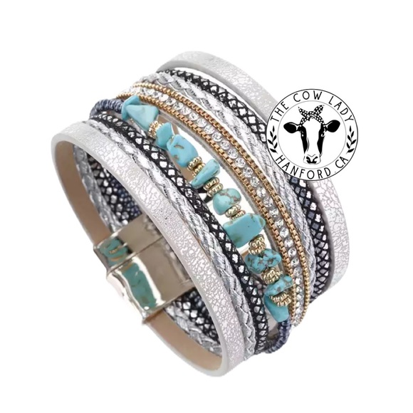 Western Bracelet Silver Cuff Cowgirl Stone Jewelry Turquoise Leather Boho NEW - Picture 3 of 5